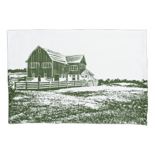 Countryside landscape woodcut style farm house pillowcase