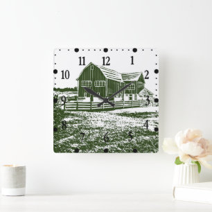 Countryside landscape woodcut style farm house square wall clock
