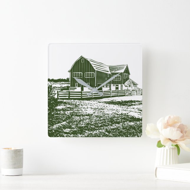 Countryside landscape woodcut style farm house square wall clock (Home)