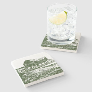 Countryside landscape woodcut style farm house stone coaster