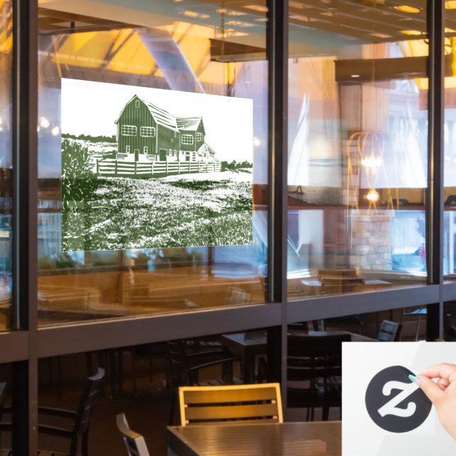 Countryside landscape woodcut style farm house window cling (Restaurant Window)