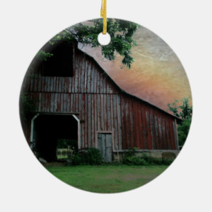 countryside sunset farm landscape old red barn ceramic ornament