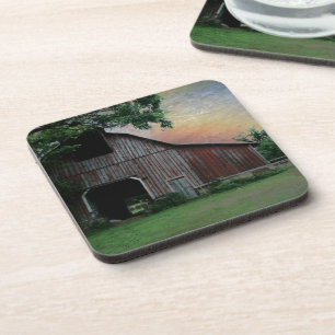 countryside sunset farm landscape old red barn coaster