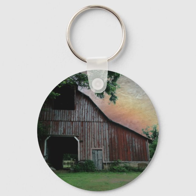 countryside sunset farm landscape old red barn keychain (Front)