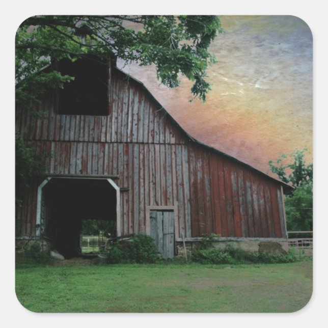 countryside sunset farm landscape old red barn square sticker (Front)