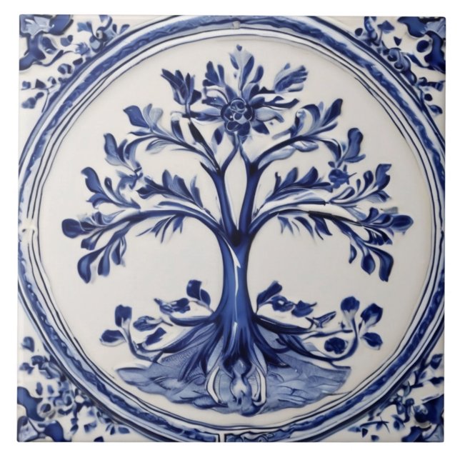 Countryside Tree Rustic Country Blue and White Tile (Front)