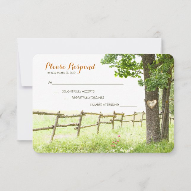 Countryside wedding love tree RSVP cards (Front)