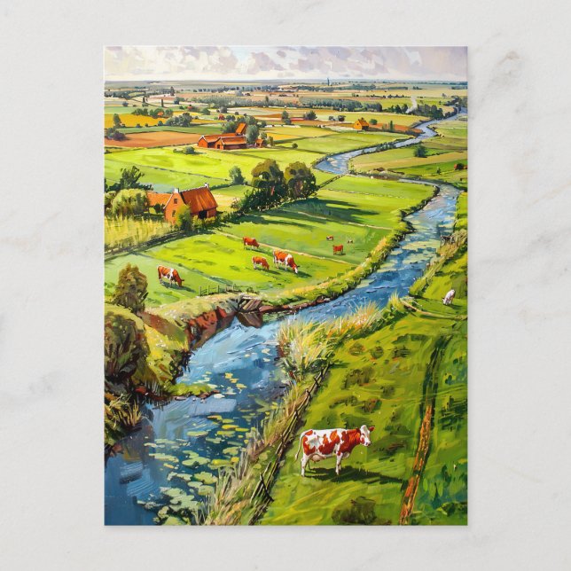 Countryside with Cows and Stream Fantasy Painting Postcard (Front)