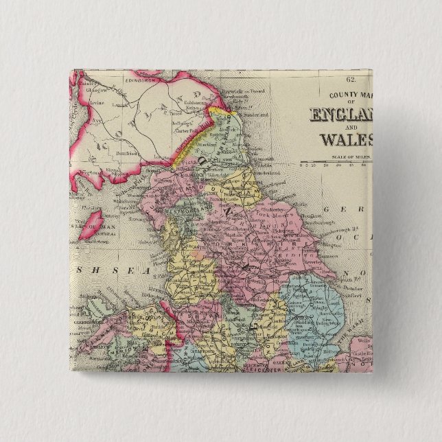 County Map Of England, And Wales 2 Inch Square Button (Front)