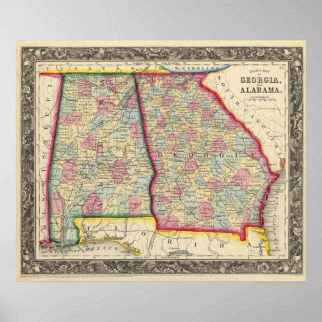 County Map Of Georgia, And Alabama Poster (Front)