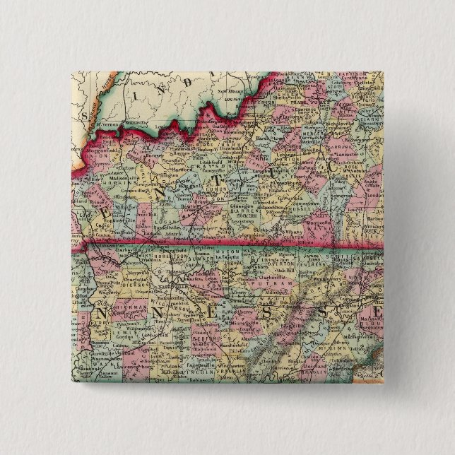 County Map Of Kentucky, And Tennessee 2 Inch Square Button (Front)