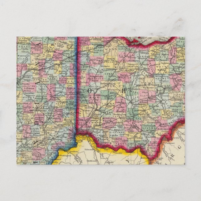 County Map Of Ohio, And Indiana Postcard (Front)