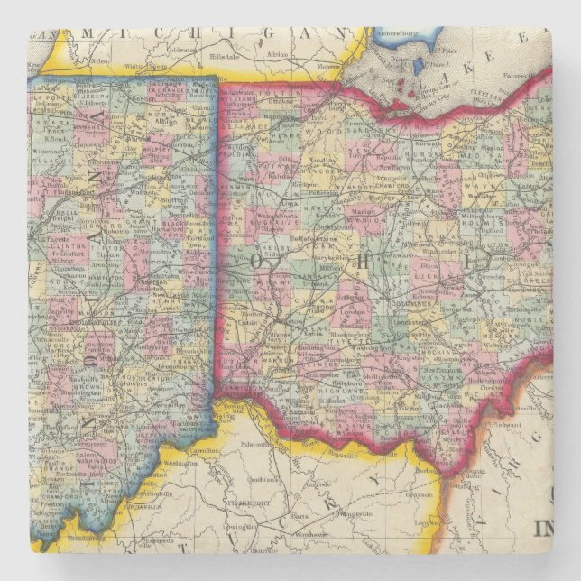County Map Of Ohio, And Indiana Stone Coaster (Front)