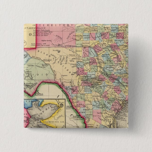 County Map Of Texas 2 Inch Square Button (Front)