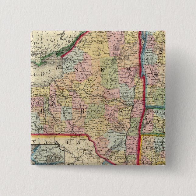 County Map Of The States Of New York 2 Inch Square Button (Front)