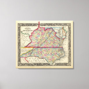 County Map Of Virginia, and North Carolina Canvas Print