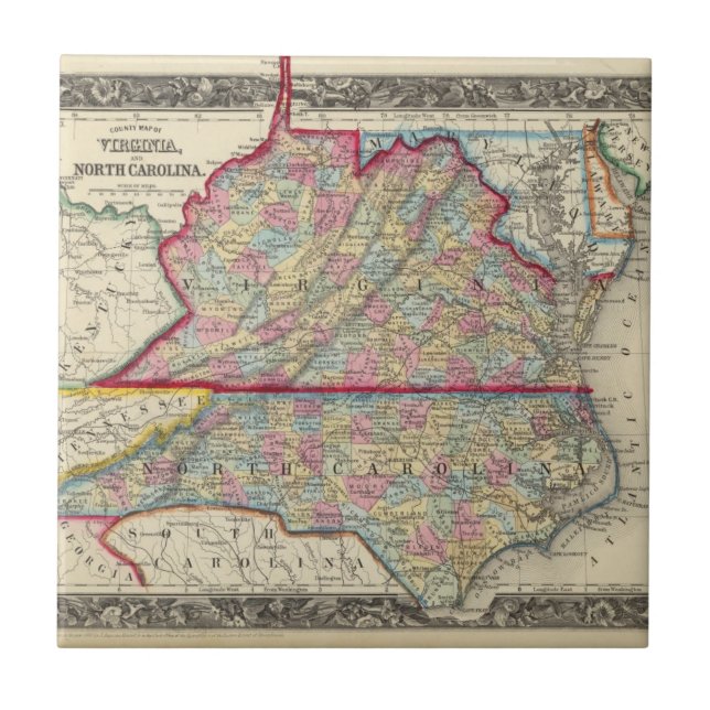 County Map Of Virginia, and North Carolina Tile (Front)