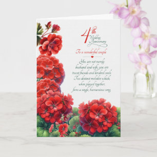 Couple 4th Anniversary Sentimental Red Geraniums Card