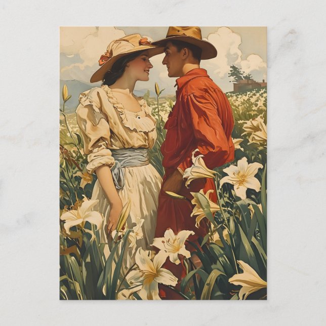 Couple Amidst White Lilies romantic Vintage Postcard (Front)