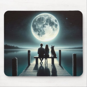 Couple and Dog Under a Full Moon Mouse Pad