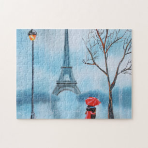 Couple at the Eiffel Tower Paris painting Jigsaw Puzzle