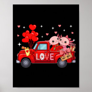 Couple Axolotls On Red Pickup Truck Valentine Flor Poster