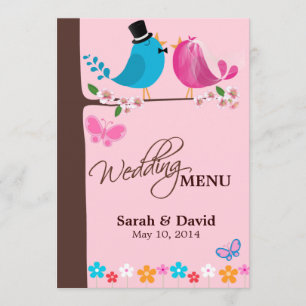 Couple birds on cherry blossom Wedding Menu Card