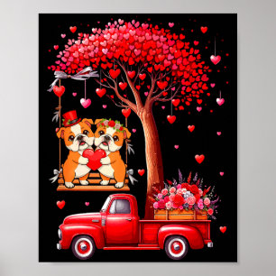 Couple Bulldogs Valentine Hearts Tree Pickup Truck Poster