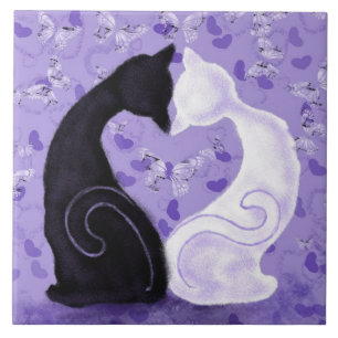 Couple Cats Purple Ceramic Tile - Beautiful Love