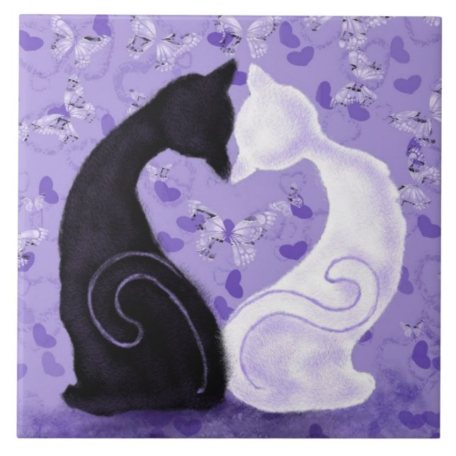 Couple Cats Purple Ceramic Tile - Beautiful Love (Front)