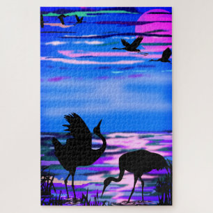Couple Cranes Bird At Lake Sunset Jigsaw Puzzle