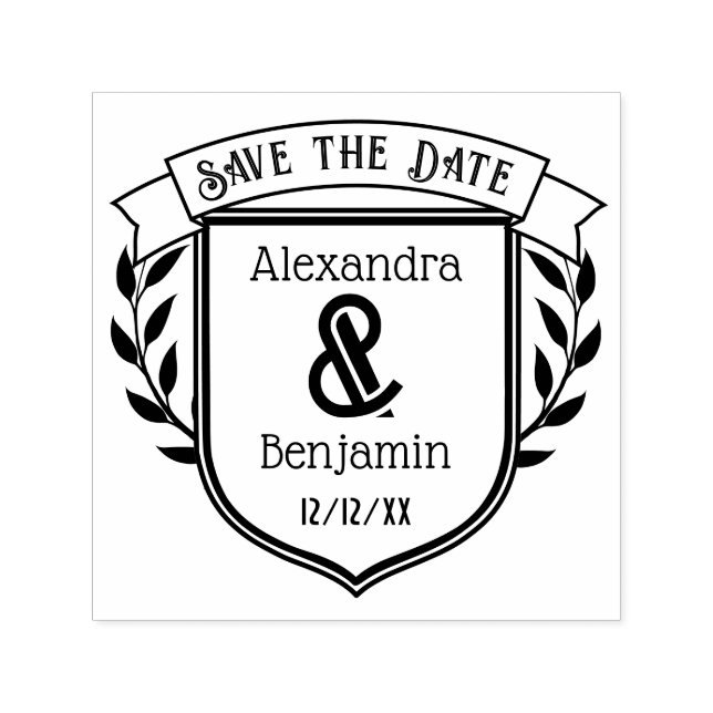 Couple Crest Ribbon Botanical Save the Date #2 Self-inking Stamp (Design)