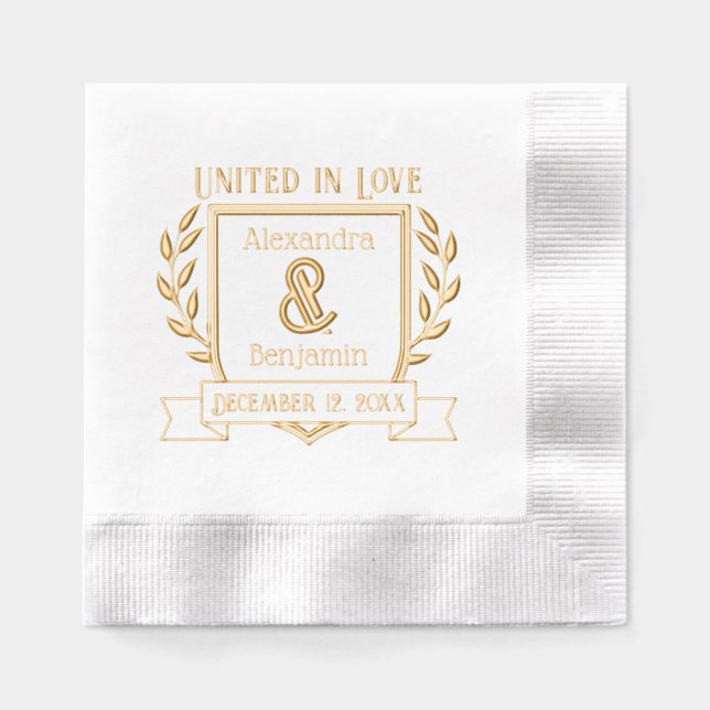 Couple Crest Ribbon Botanical United In Love Foil Napkins (Front)