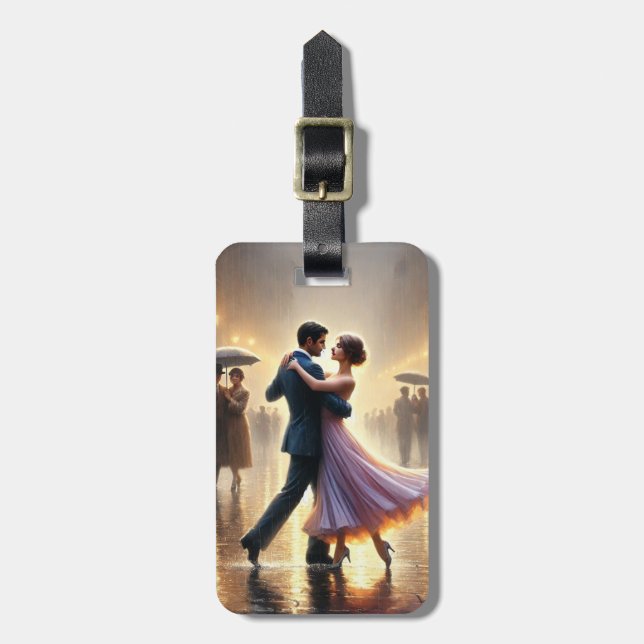 Couple dancing in the rain luggage tag (Front Vertical)