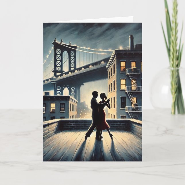 Couple Dancing with Brooklyn Bridge Holiday Card (Front)