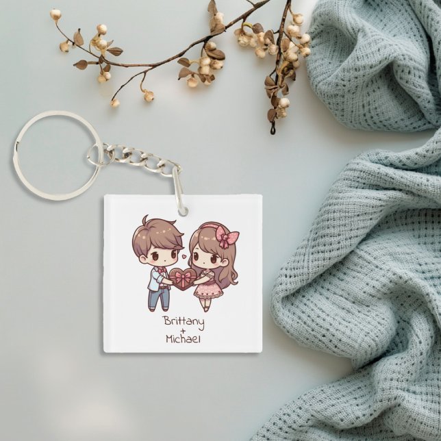 Couple de Saint-Valentin de style Chibi personnali (Cute Personalized Chibi-Style Couple Keychain)