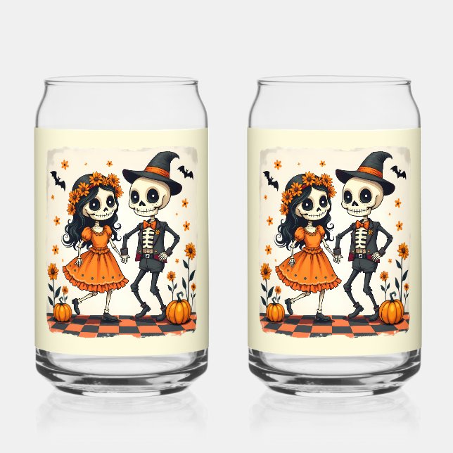 Couple de squelette d'Halloween mignon en orange (Recto)