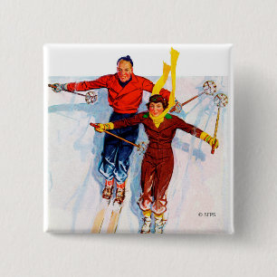 Couple Downhill Skiing 2 Inch Square Button