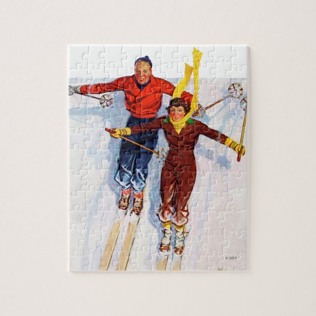 Couple Downhill Skiing Jigsaw Puzzle (Vertical)