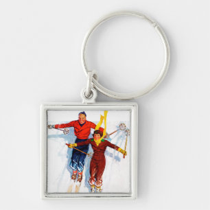 Couple Downhill Skiing Keychain
