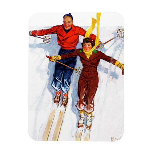 Couple Downhill Skiing Magnet (Vertical)
