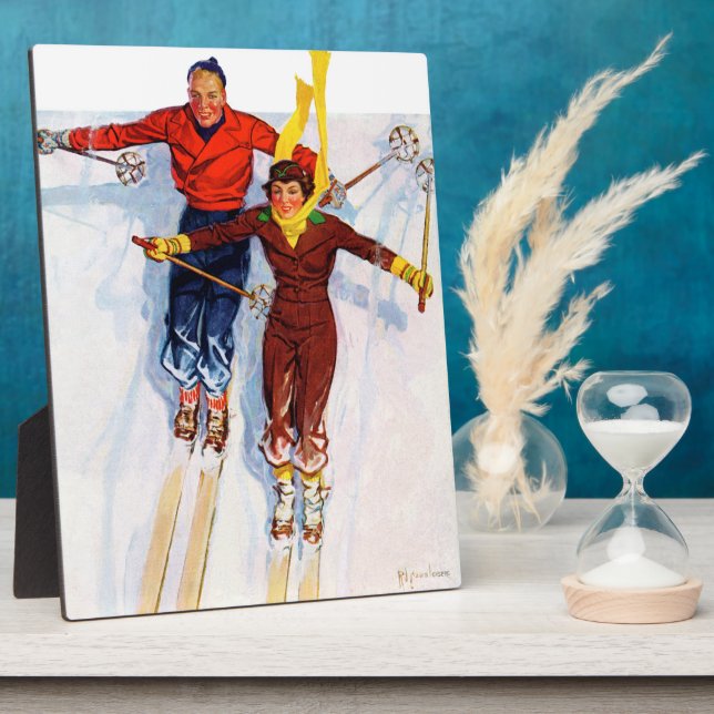 Couple Downhill Skiing Plaque (Side)