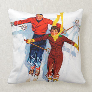 Couple Downhill Skiing Throw Pillow
