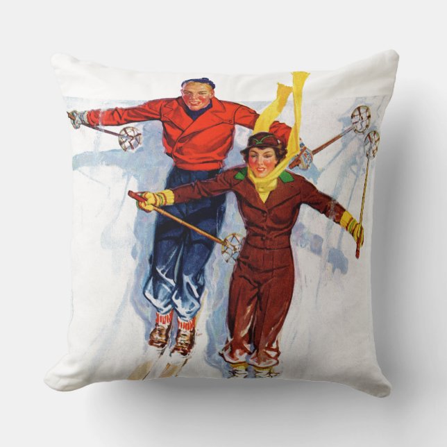 Couple Downhill Skiing Throw Pillow (Front)