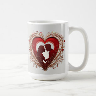 Couple Embracing Inside A Large Red Heart Coffee Mug