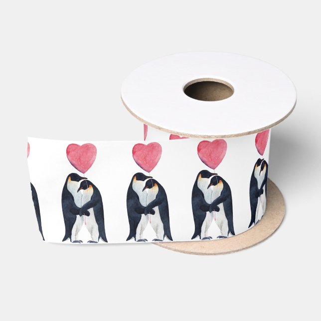 Couple Emperor Penguin Heart Valentine's Day    Satin Ribbon (Spool)