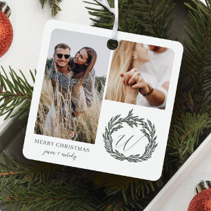 Couple Engagement Photos Garland Wreath Monogram Metal Ornament