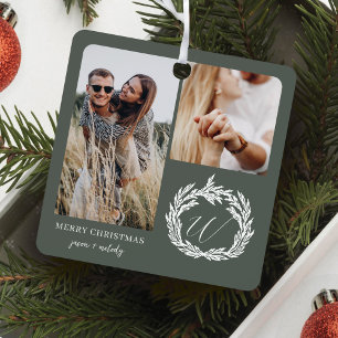 Couple Engagement Photos Garland Wreath Monogram Metal Ornament