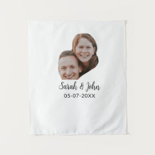 Couple face photo add name date simple wedding  tapestry