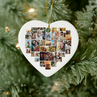 Couple Family Heart Shaped Photo Collage Ceramic Ornament